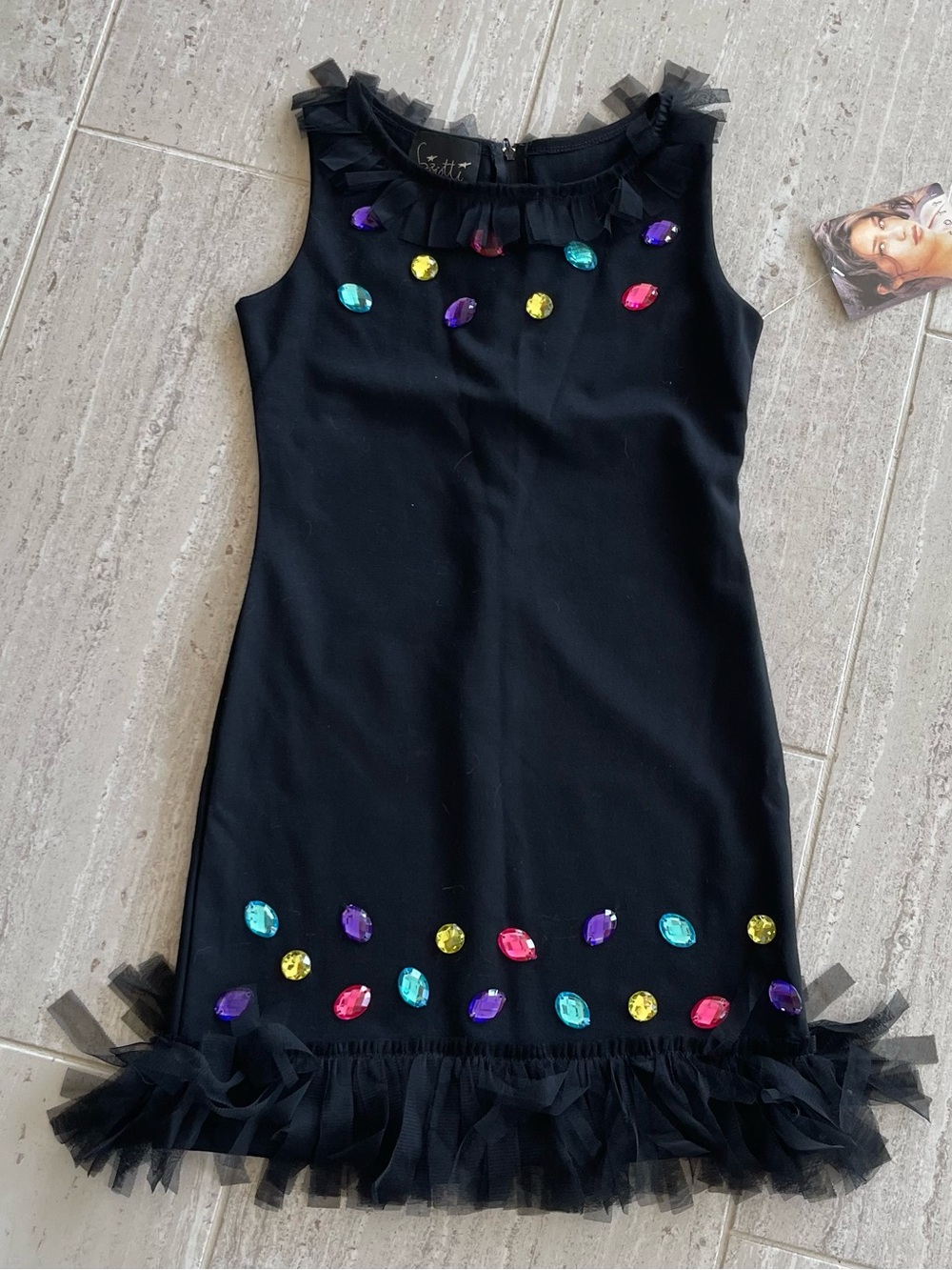 Black Tulle Hem Dress with Multicolor Gem Accents